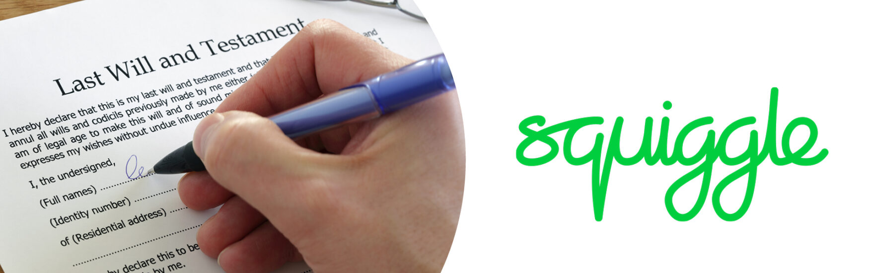 close up of hand writing a Will. Squiggle logo next to it.