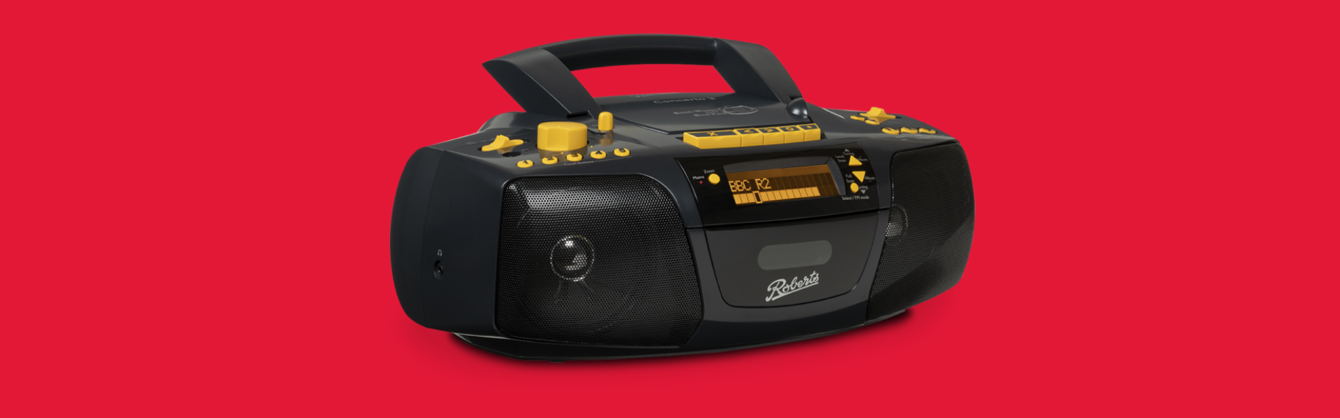 Roberts Radio - black with large yellow buttons.