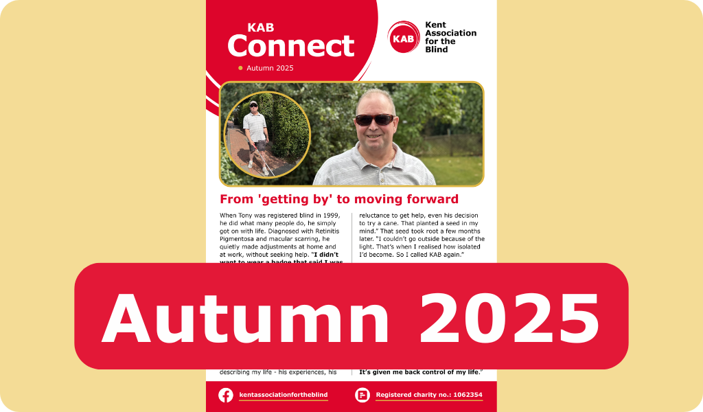front cover of the donor version of the newsletter showing a lady laughing sat next to a man who is reading mail. in red box reads Spring 2025.