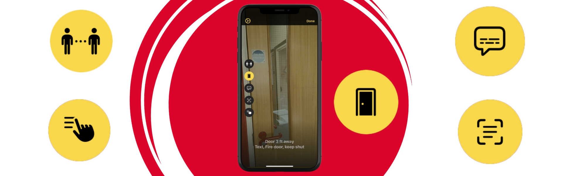 Iphone in the middle of the image, with the detection mode activated and on the door detection mode, showing a photo on screen of an internal door.