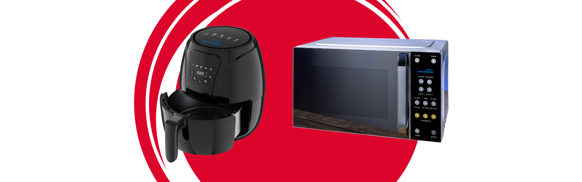 red circle in the background. Two cut-out photos on top. One shows a talking air fryer. the other shows a talking microwave.