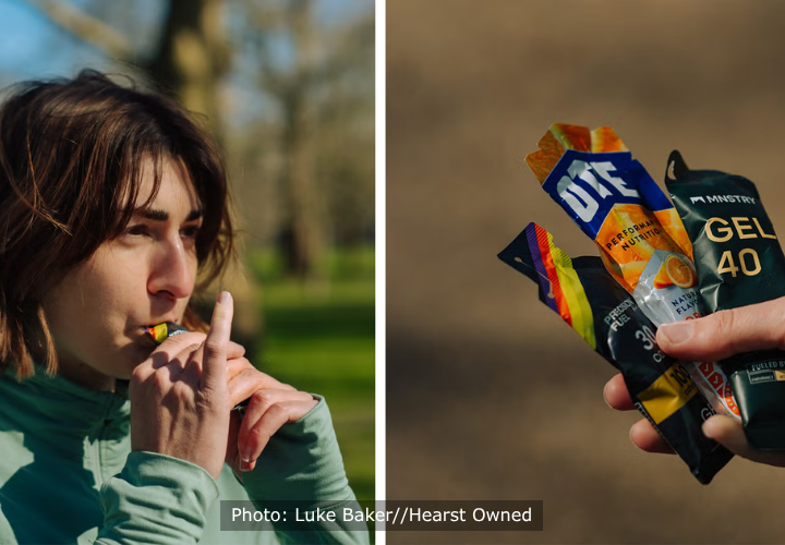 Two photos. One shows a lady drinking a running gel. The other shows a hand holding three different gels.