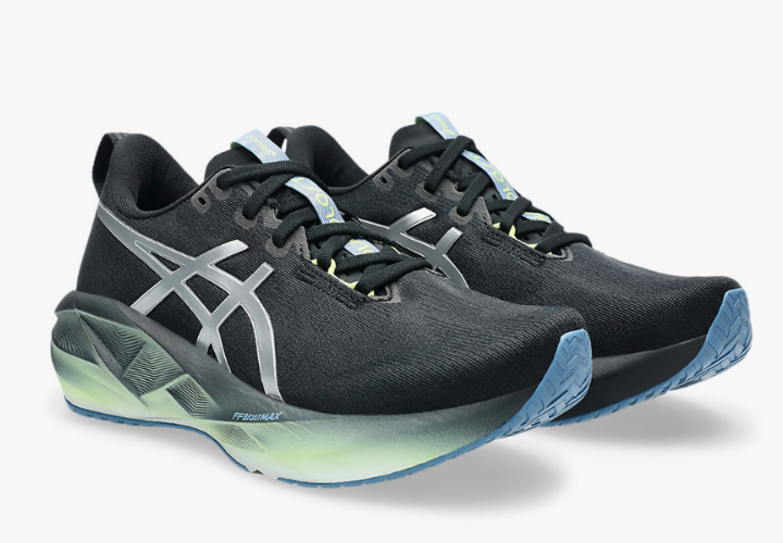 A pair of black Asics running shoes