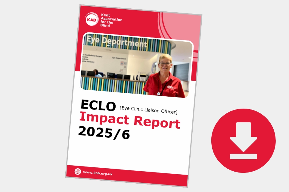 Front cover of the ECLO Impact Report for 2025/26 with a picture of an ECLO standing in the Eye Department of a Hospital.