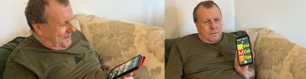 Two photos side by side: Richard seated and looking at his phone. The other shows him with the phone pointed to the camera.