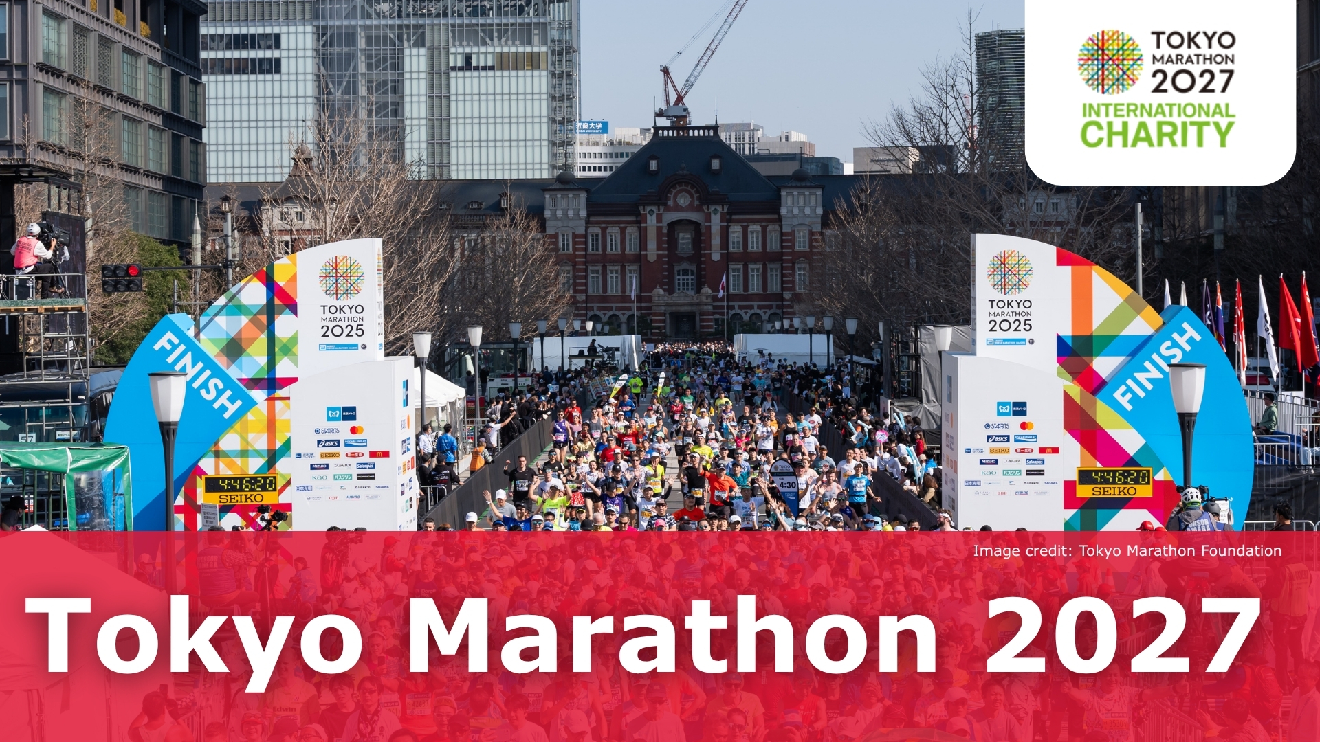 aerial view of the start of the Tokyo Marathon, with hundreds of runners going past the start mark. Text over image reads Tokyo Marathon 2027. Image credit: Tokyo Marathon Foundation.