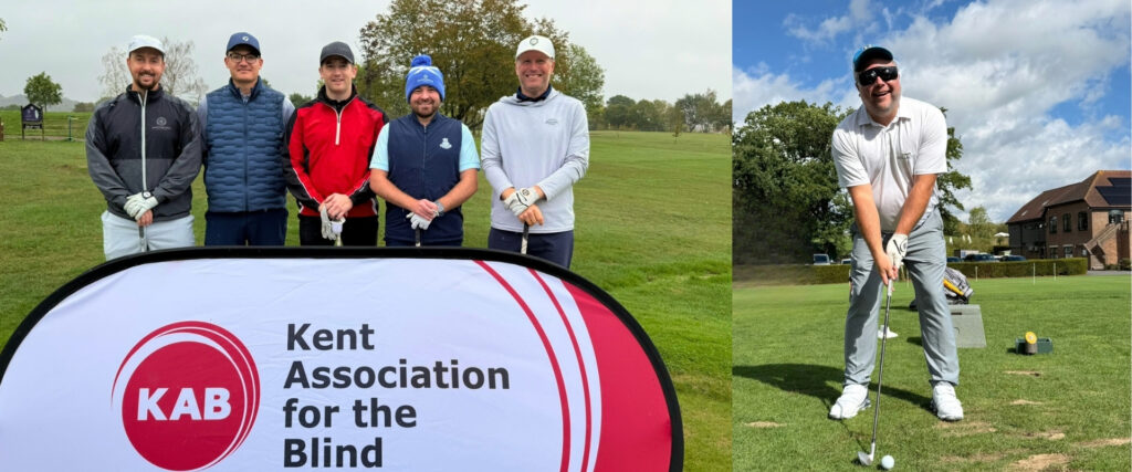 Two photos side by side. One shows four golfers stood behind a KAB large display stand, beside the pro golfer Matt ford, on the golf course. the other shows a man about to tee off and smiling to camera whilst wearing the simi-specs.