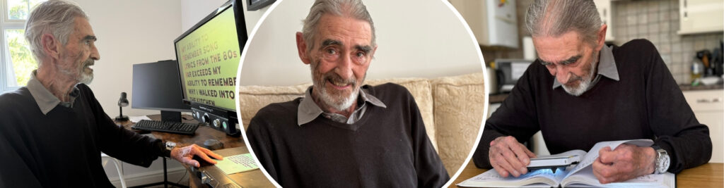 Peter smiles in this central photo. Either side are two photos. One shows him using his CCTV magnifier, laying a birthday card on the machine and the screen enlarges it. The other shows him using a handheld magnifier on a notepad.